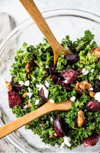 roasted beet and kale salad with maple candied walnuts