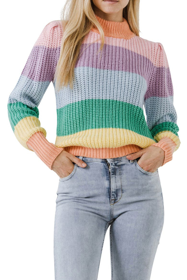 free the roses stripe mock neck sweater