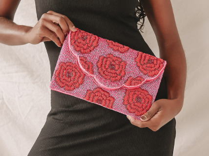 lulu's Hand-Picked Dark Pink and Red Beaded Clutch