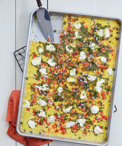 sheet pan eggs with smoked salmon, cream cheese, and dill