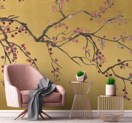 Gold Metallic Chinoiserie Cherry Blossom Luxury wallpaper accent wall