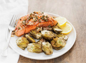 pan seared salmon with capers and baby artichokes
