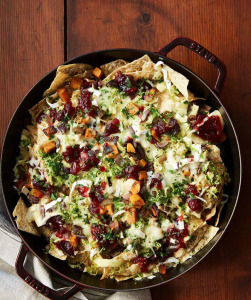 cranberry, brussels sprouts and brie skillet nachos