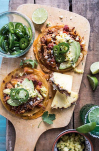 Chipotle Pineapple Chicken Tinga Quesadilla Tostadas with Tequila Lime Pickled Jalapeños